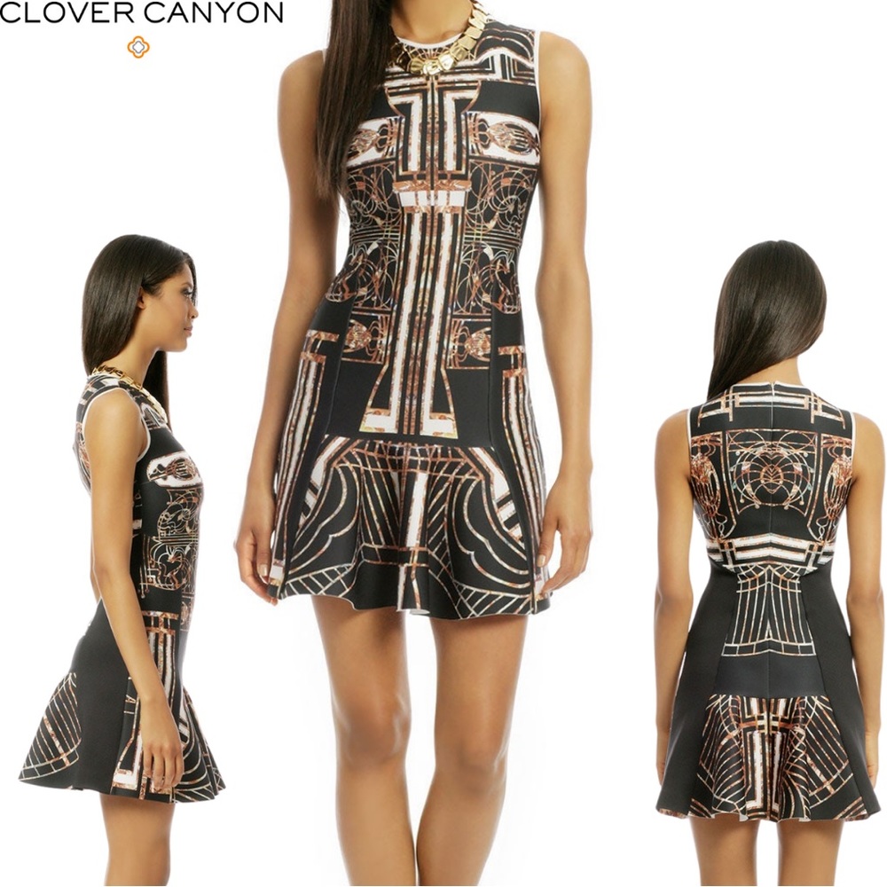 Clover Canyon Gatsby Print Art Deco Flounce Dress like new Size Small S Mini